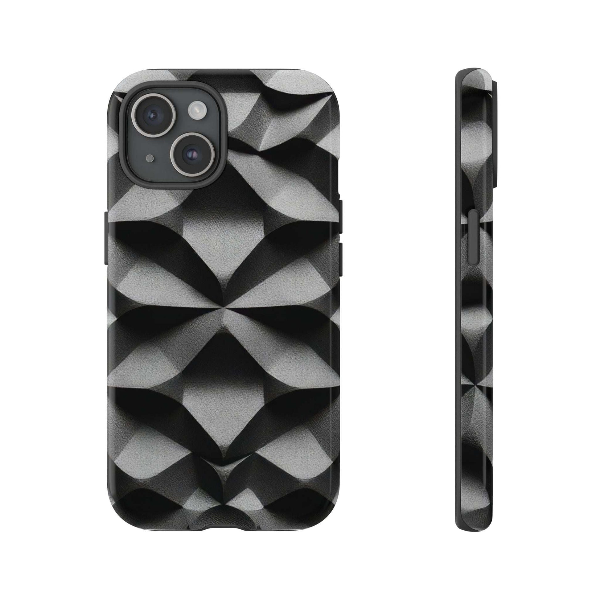 Tough phone case with black-and-gray geometric cube pattern, triple camera cutout and side guard