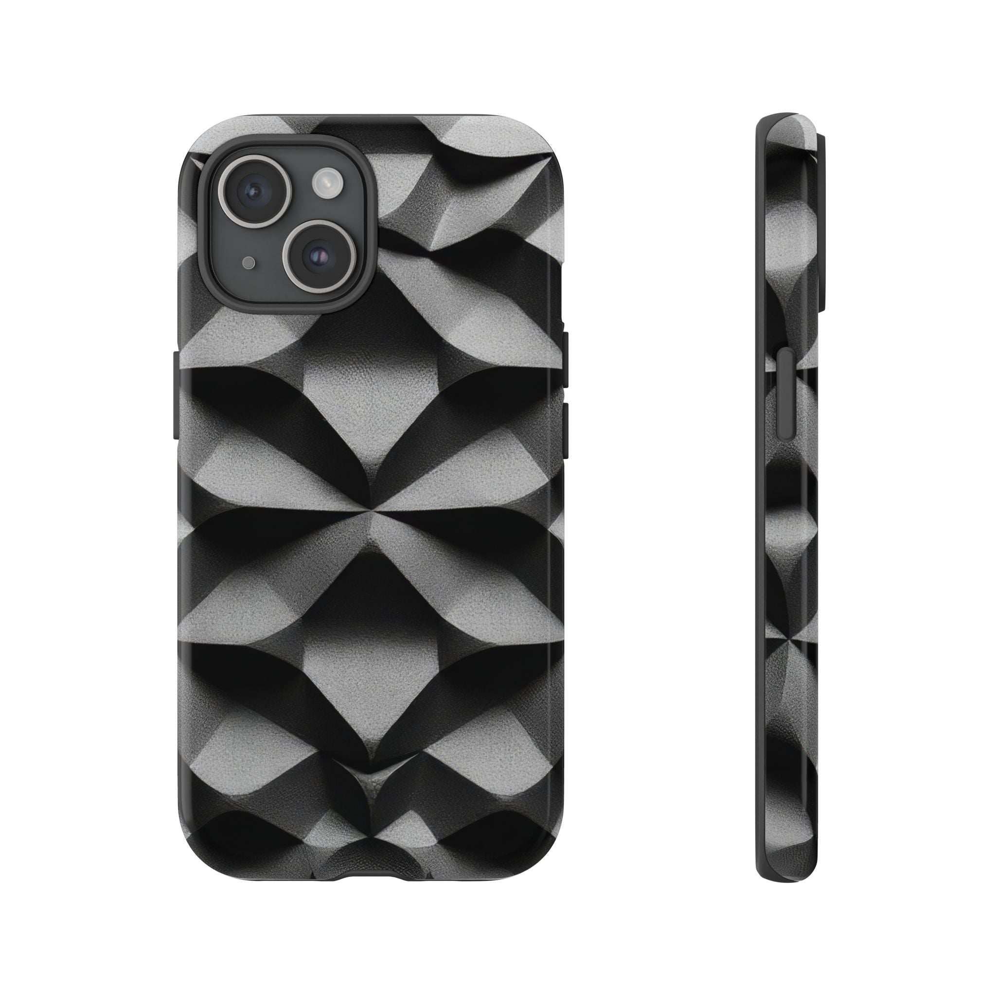 Tough phone case with black-and-gray geometric cube pattern, triple camera cutout and side guard
