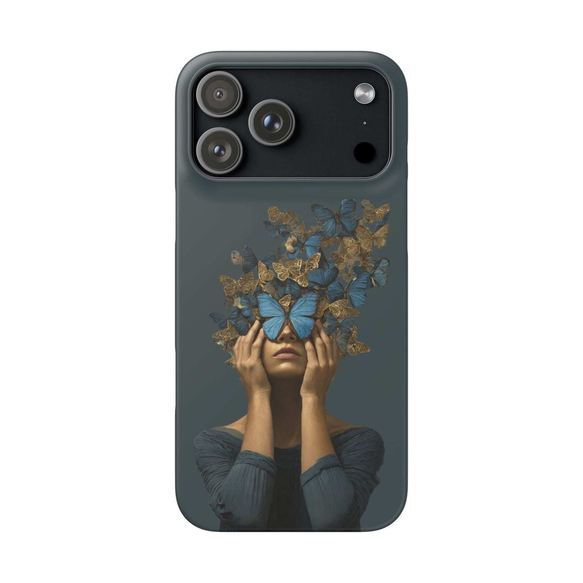 Dark gray phone case featuring blue butterfly wings and gold artwork, camera cutouts