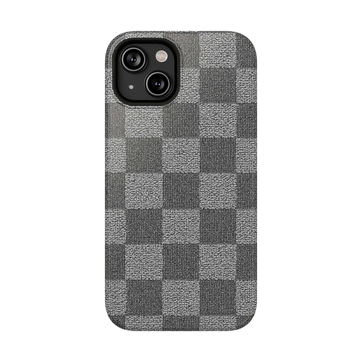 Gray checkered phone case with fabric texture; dual-lens camera cutouts on back