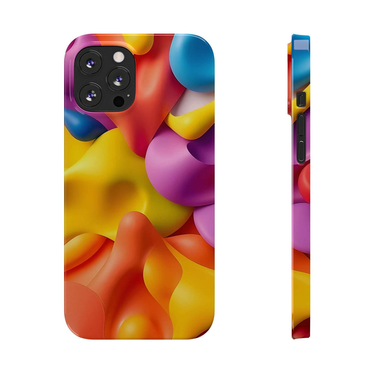 Multicolor abstract phone case featuring camera cutouts and side buttons