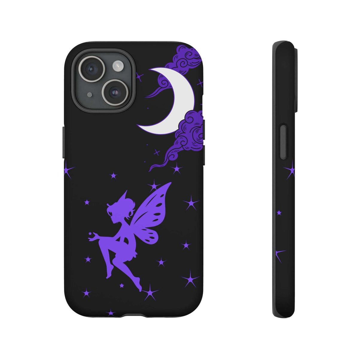 Black phone case with purple fairy, crescent moon, and stars; camera cutout, side view.