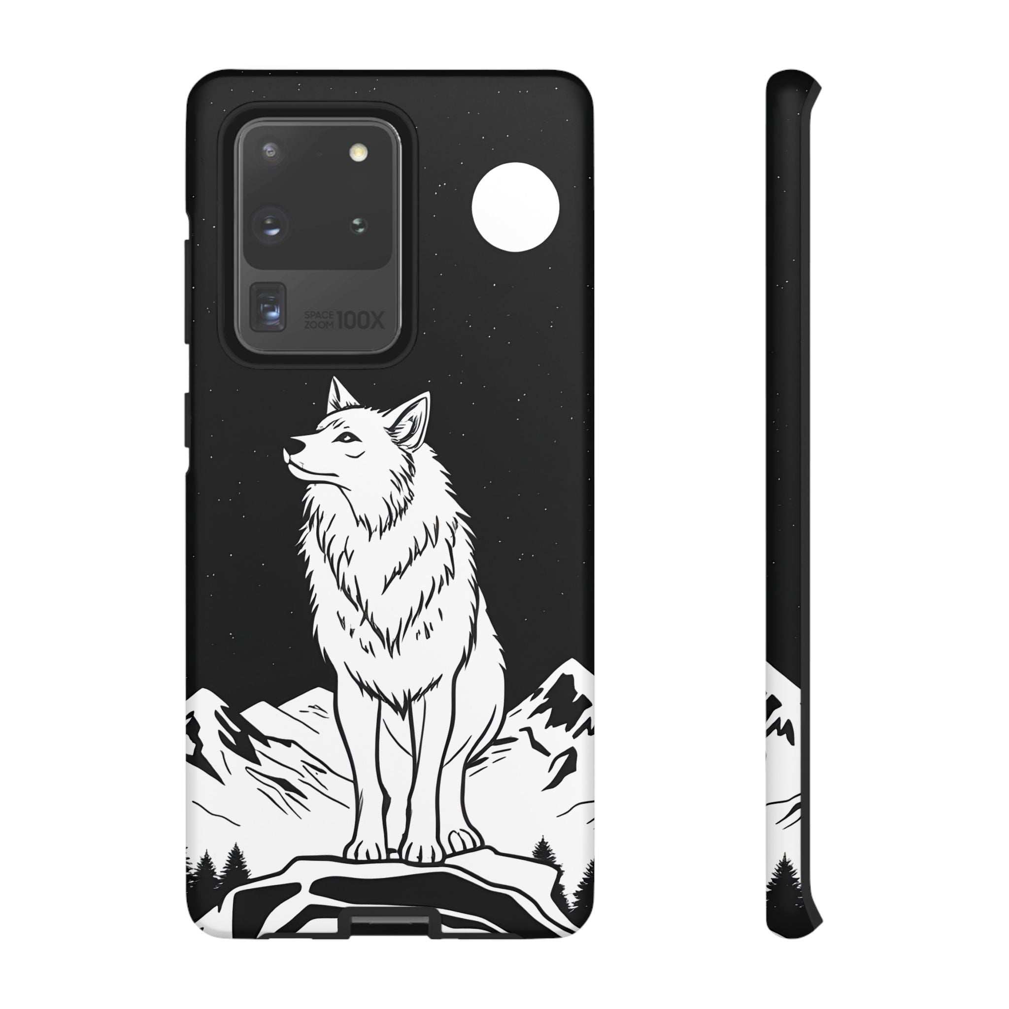 Black phone case and separate side guard with white wolf illustration and mountain scene