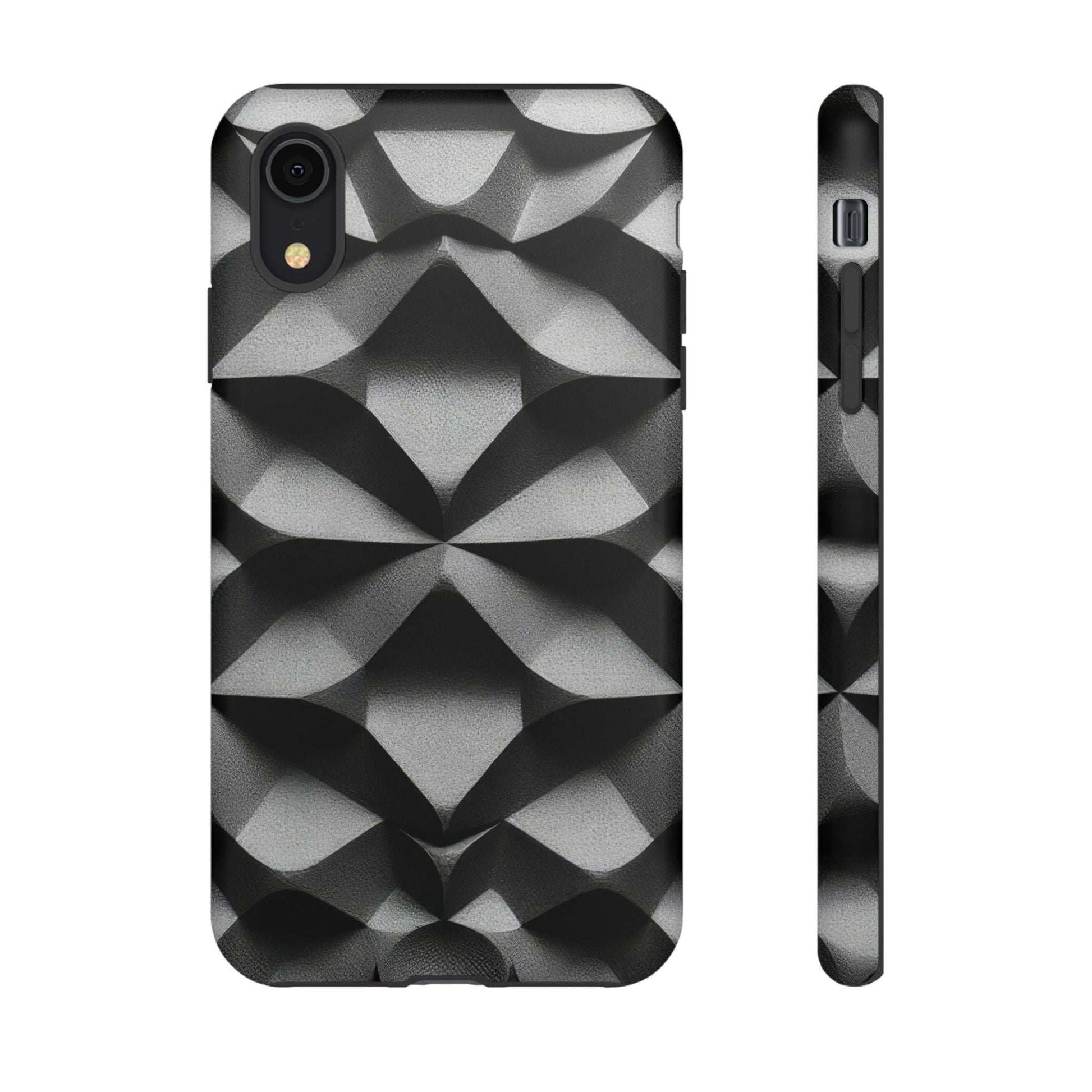 Black tough phone case featuring silver geometric pattern, back view with slim side.