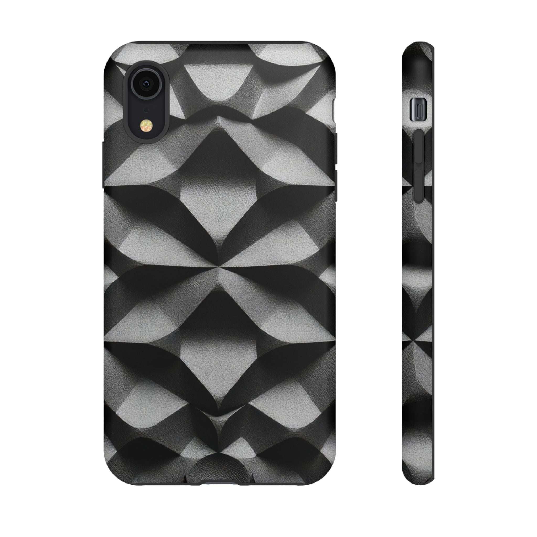 Black tough phone case featuring silver geometric pattern, back view with slim side.