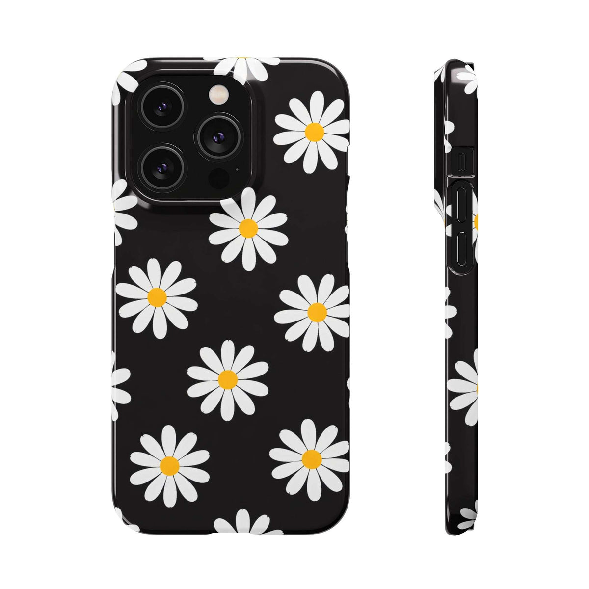 Black phone case with white daisy pattern and yellow centers, front and side view.