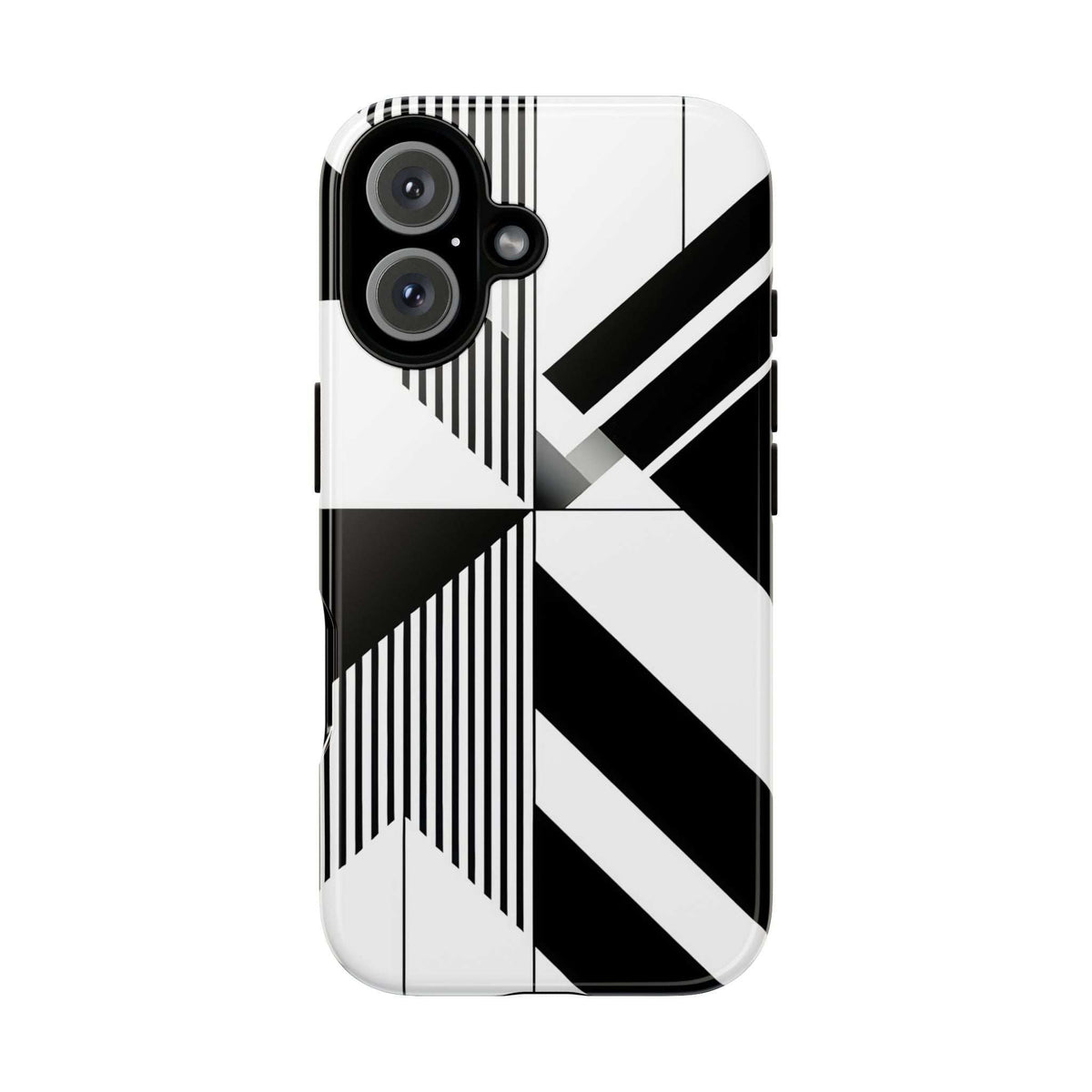 Tough phone case featuring monochrome diagonal stripes with raised camera protection