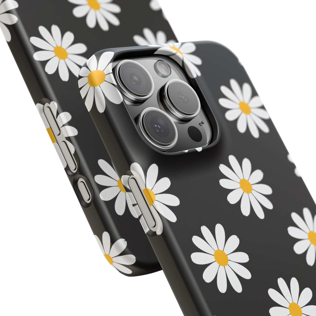 Daisy charm phone case, black with scattered white and yellow daisies and phone camera openings.