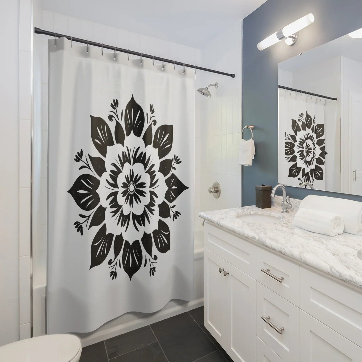 Elegant Black and White Floral Mandala Shower Curtain - KarArmDesign