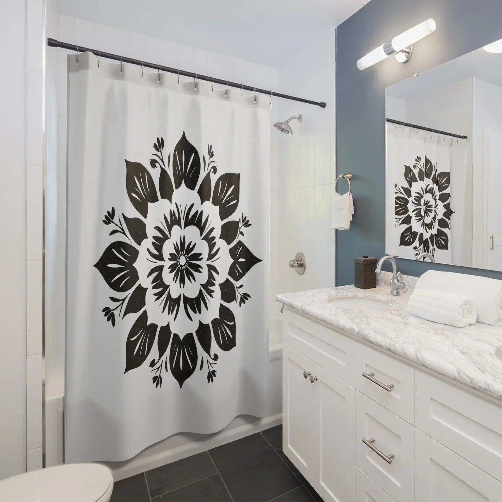 Elegant Black and White Floral Mandala Shower Curtain - KarArmDesign