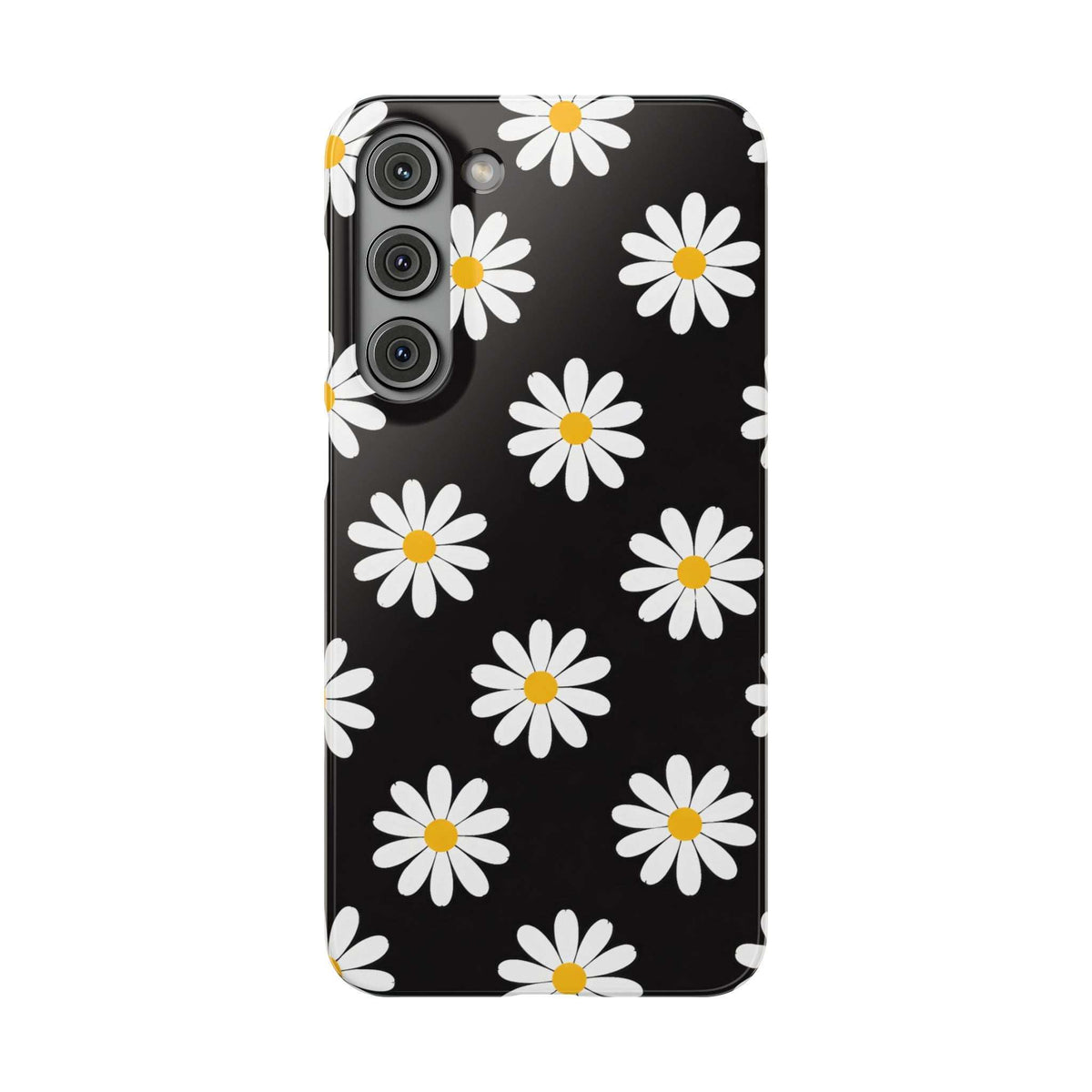 Black phone case with white daisies and yellow centers; camera lenses and flash on left.