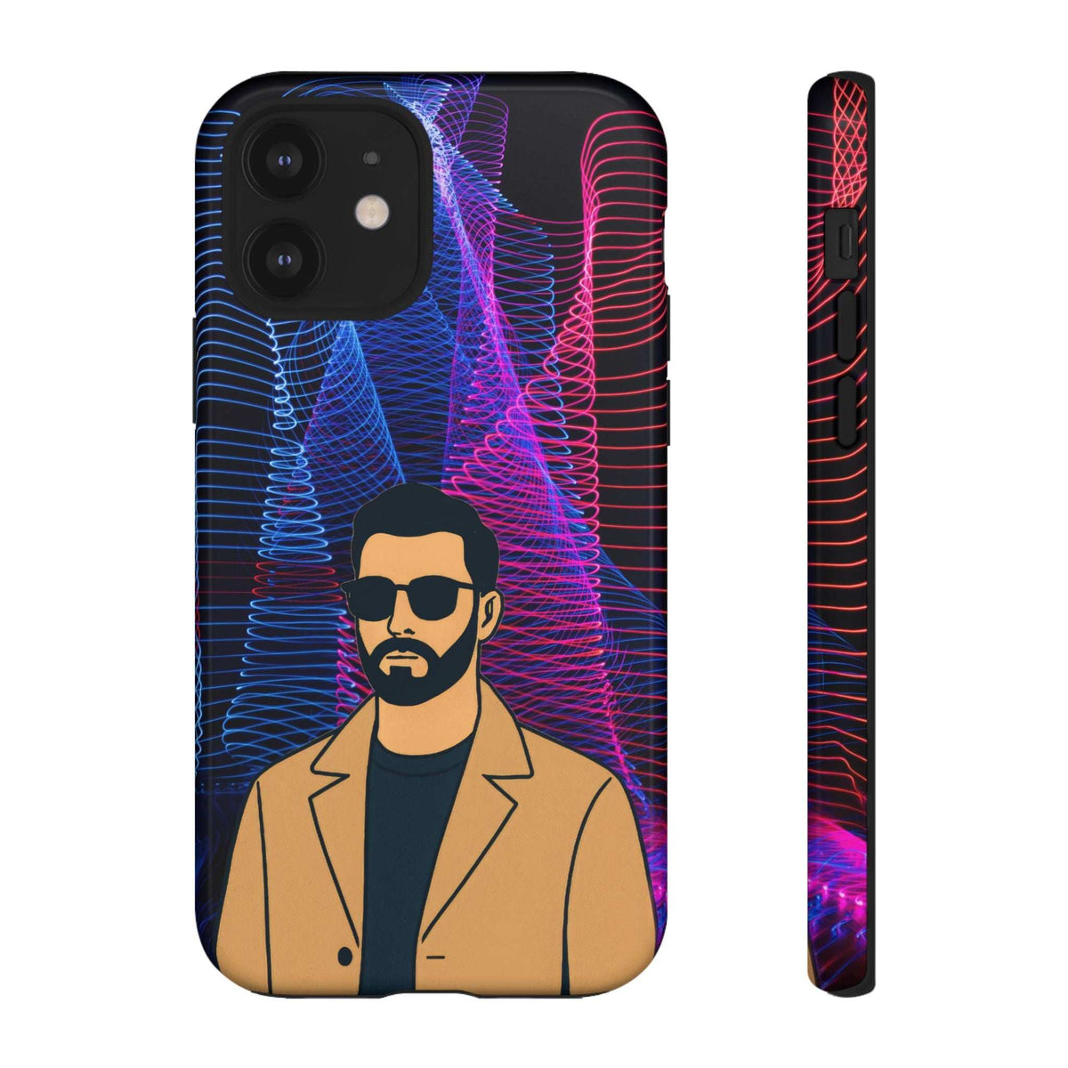 Glossy phone case with bearded man portrait; neon blue to pink wave lines design