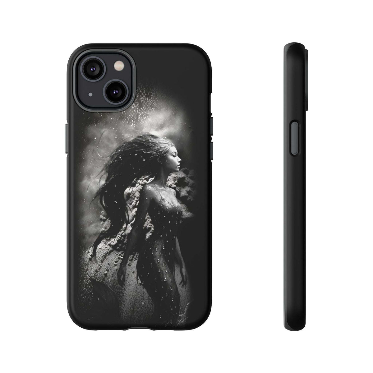 Black monochrome mermaid phone case with front camera cutouts and side-edge buttons