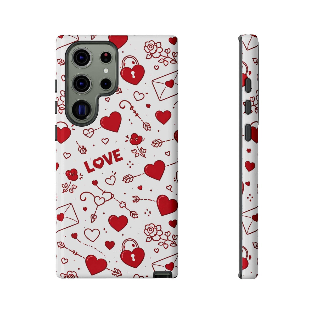 Glossy white phone case with red hearts and doodles; front view and slim side