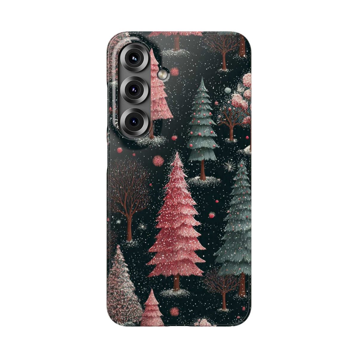 Glossy phone case with snowfall and winter trees in pink, green, and dark tones.