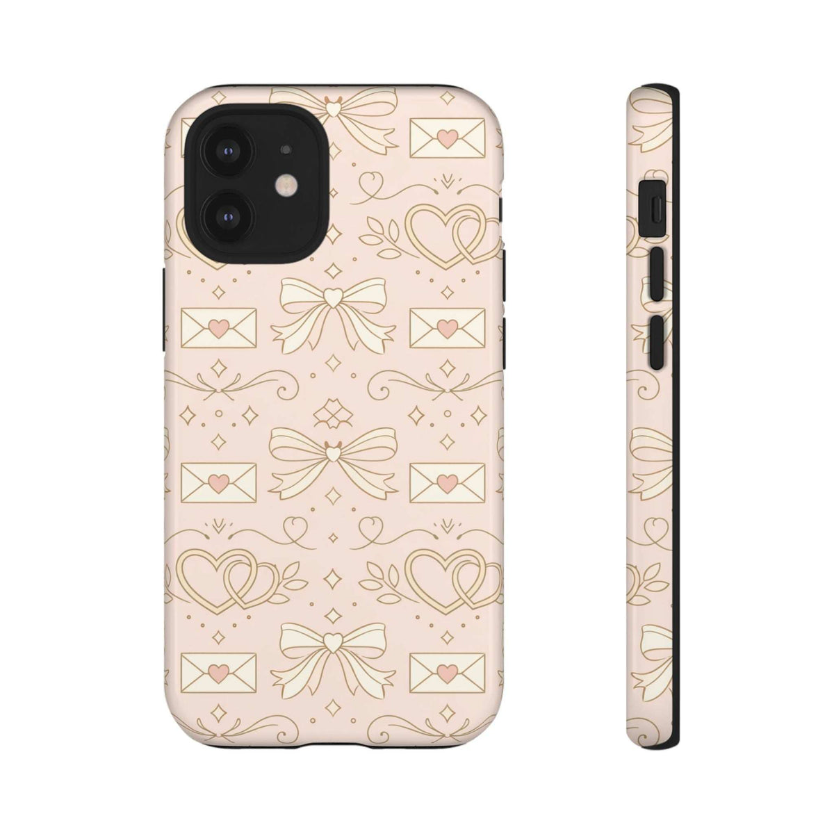 Pink tough phone case with gold hearts and bows; front camera cutout and side profile