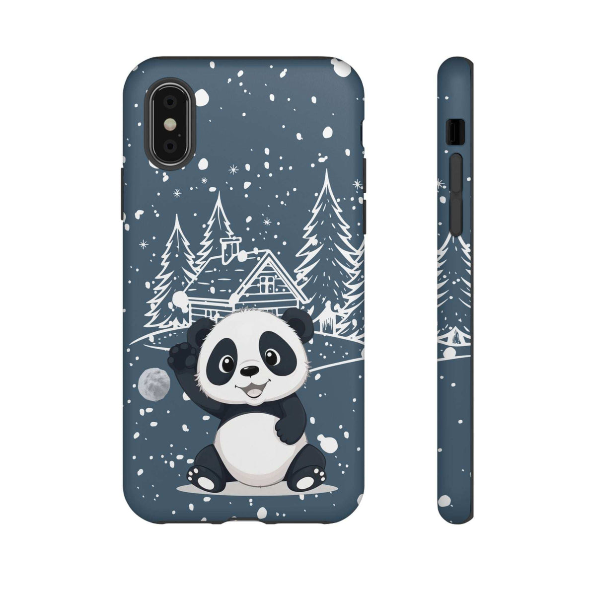 Dark blue panda phone case with snowy trees and cabin scene, front and side profile