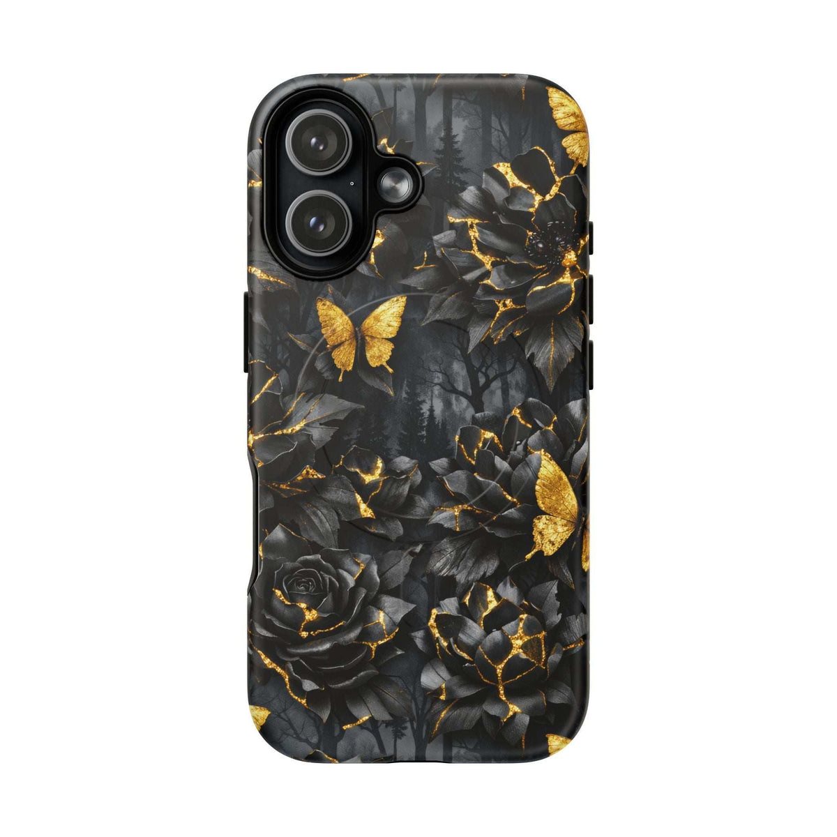 iPhone phone case with black garden roses and butterflies, highlighted by gold kintsugi lines