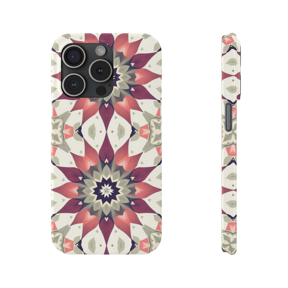 Smartphone phone case front view with burgundy, navy, and beige mandala symmetry
