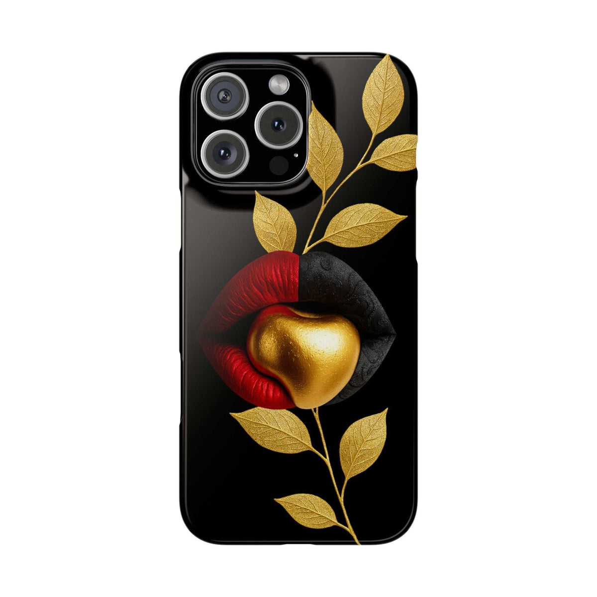 iPhone phone case with gold leaves and lips design