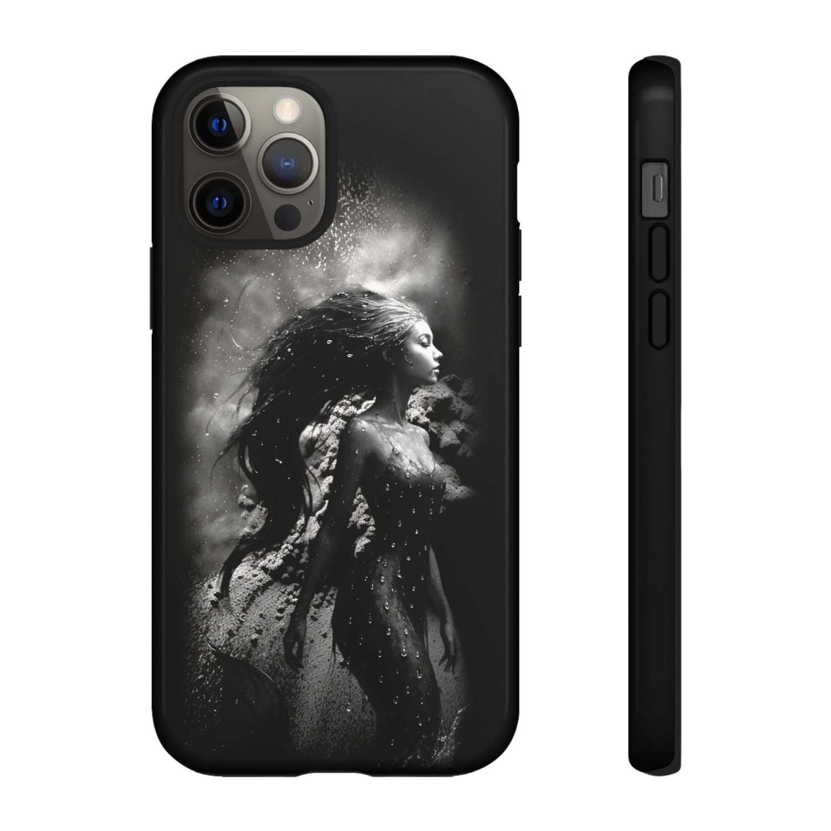 Black phone case with grayscale mermaid portrait and multi-camera cutouts, side profile shown.