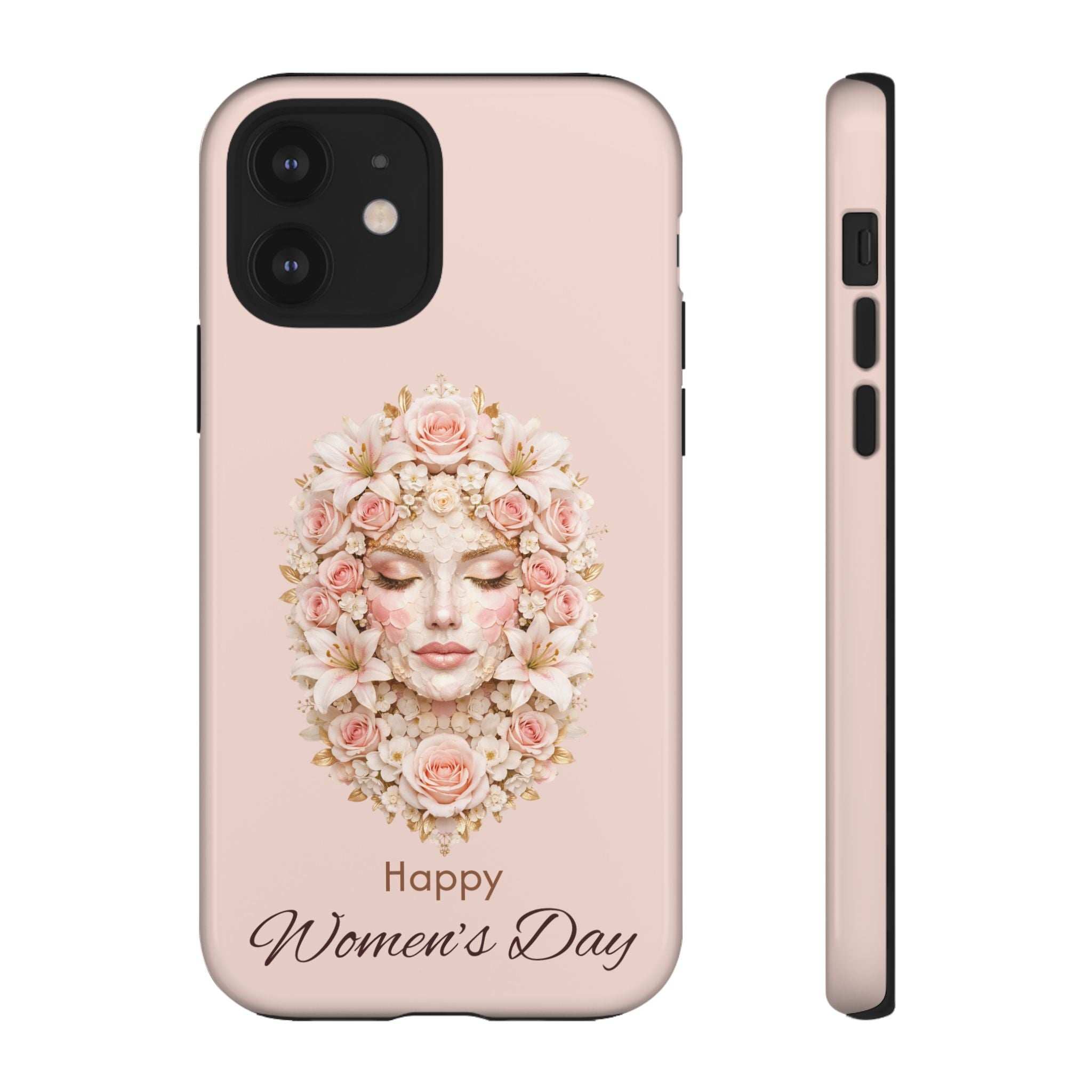 She Blooms phone case, pink with floral wreath woman face; “Happy Women’s Day” lettering; front and side