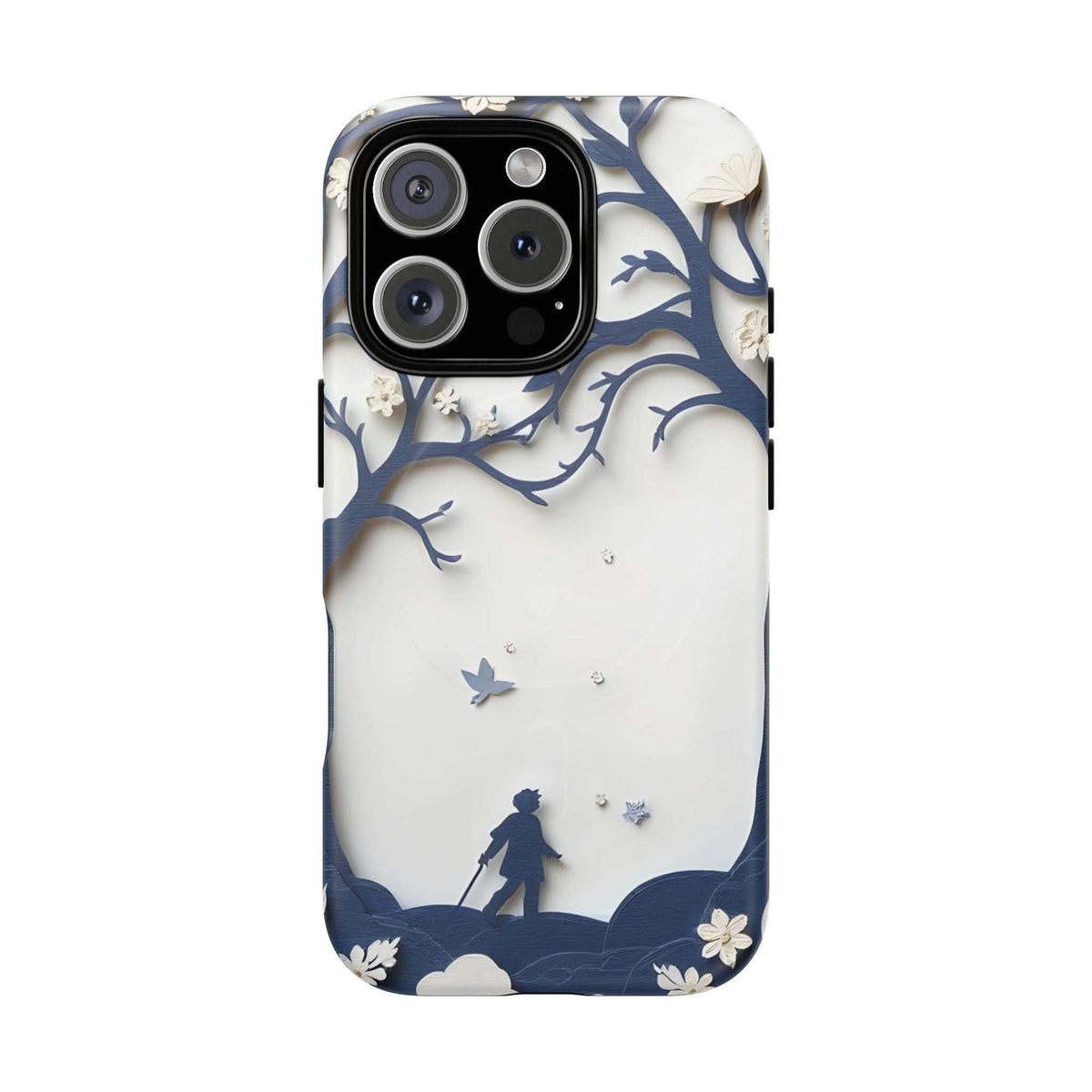 Phone case with blue nature silhouette artwork on white, bird and branch motifs
