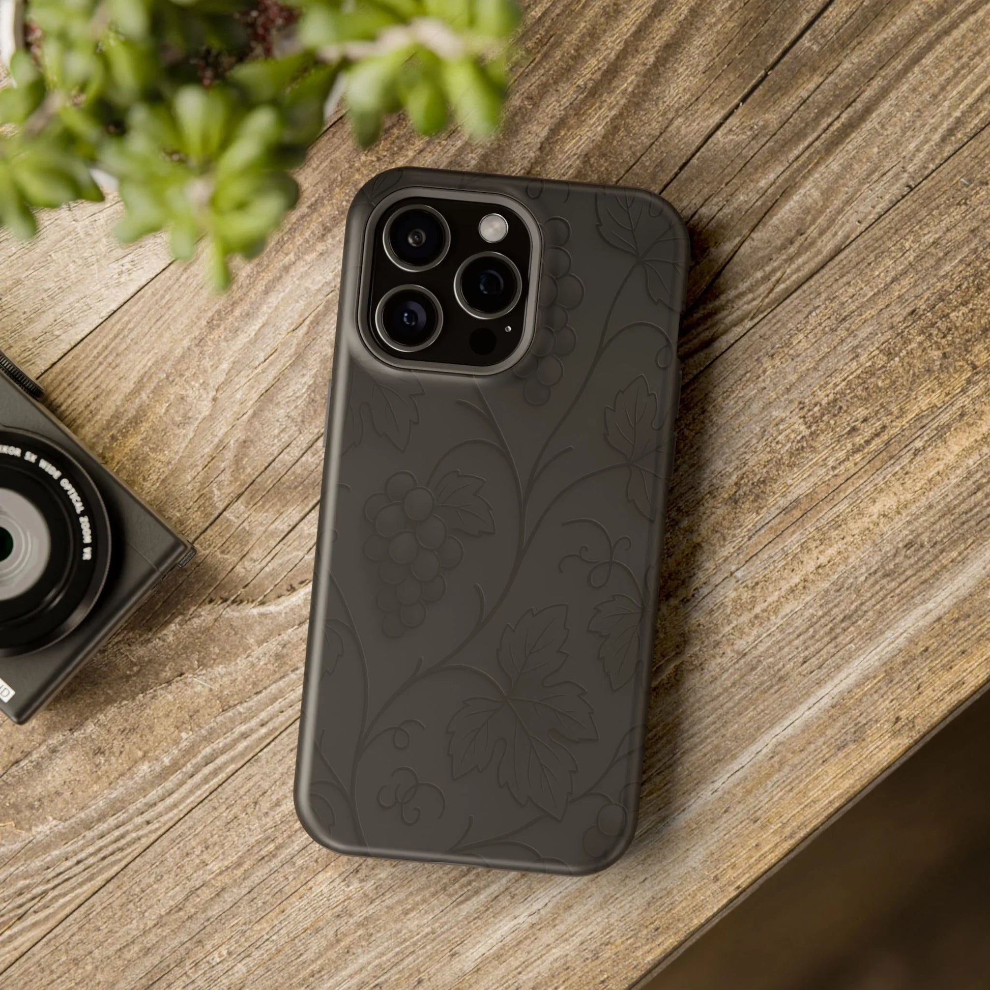 Elegant Embossed Grape Leaf Black Phone Case for iPhone and Galaxy - KARARMDESIGN
