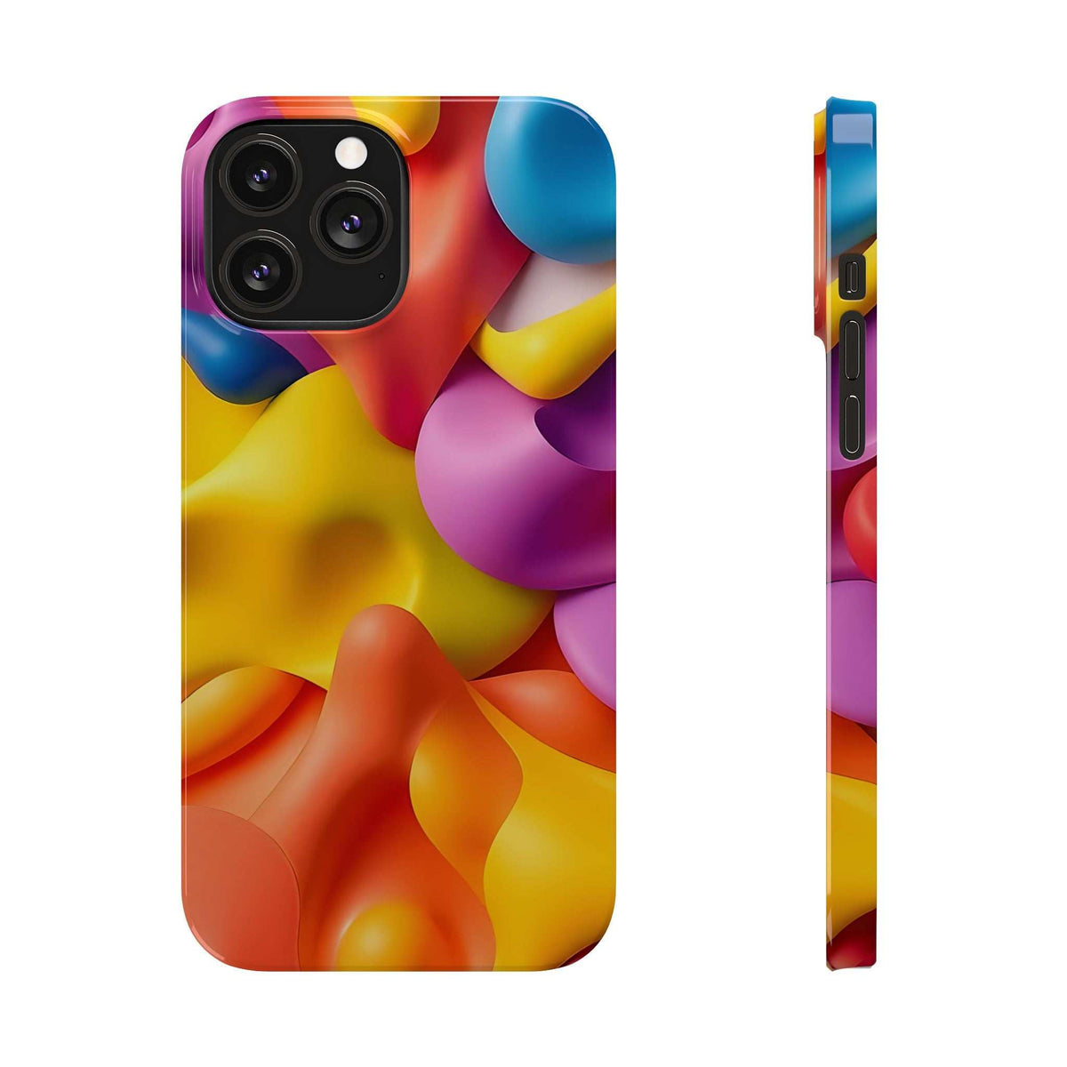 Phone case with vibrant abstract multicolor pattern and side view of camera bump