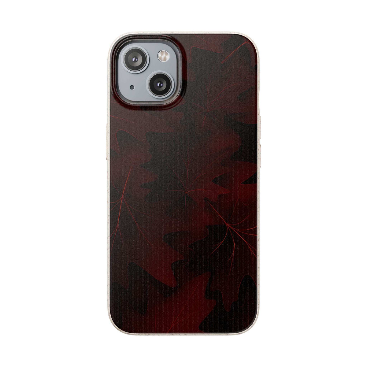 iPhone and Galaxy phone case with dark maroon leaf pattern and raised camera cutout