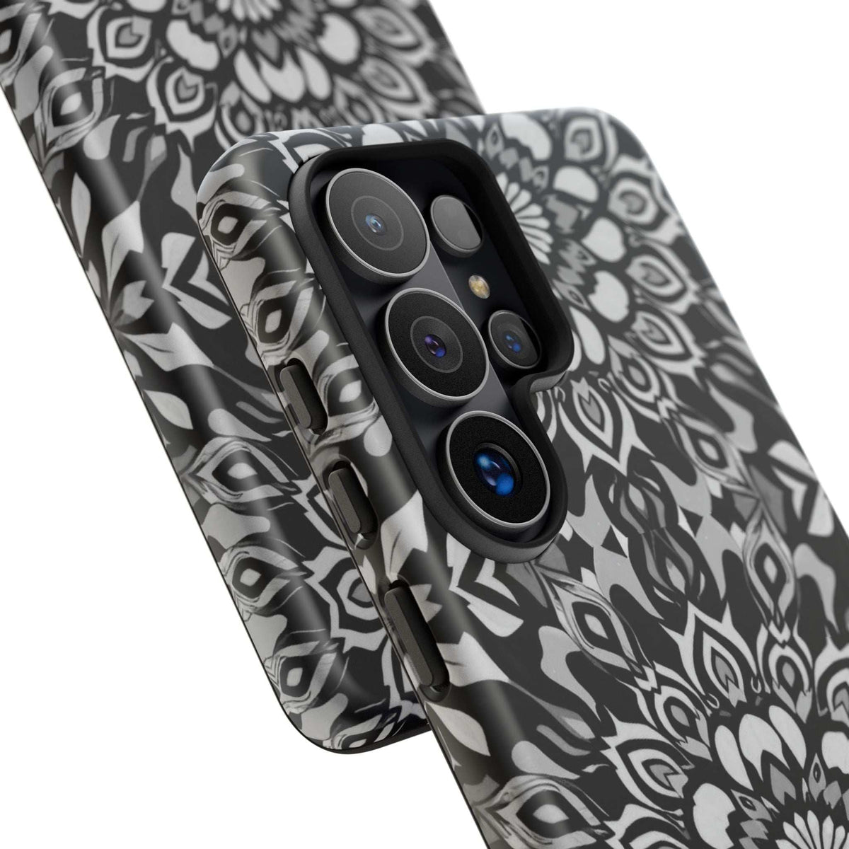 Mandala phone case with black-and-white floral pattern; raised lens rings for camera