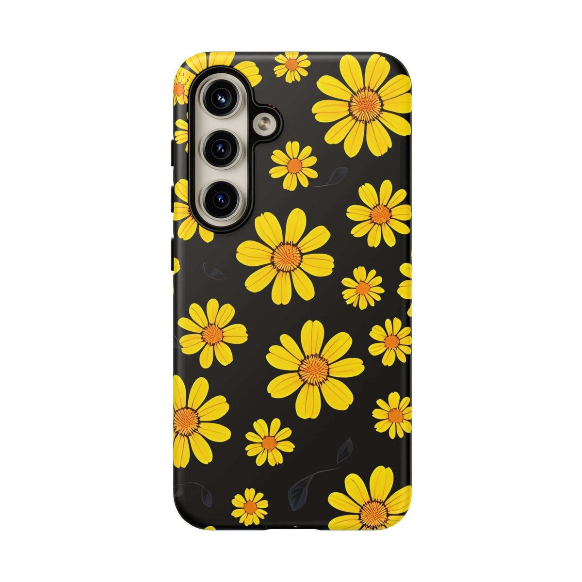 Black phone case featuring yellow daisies with raised camera openings on the back