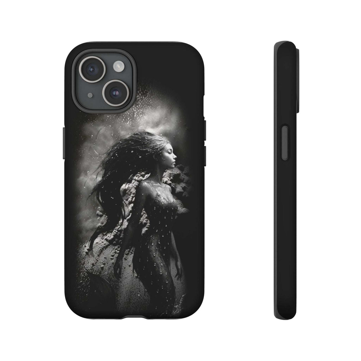 Black phone case with monochrome mermaid silhouette, gray camera panel and button cutouts