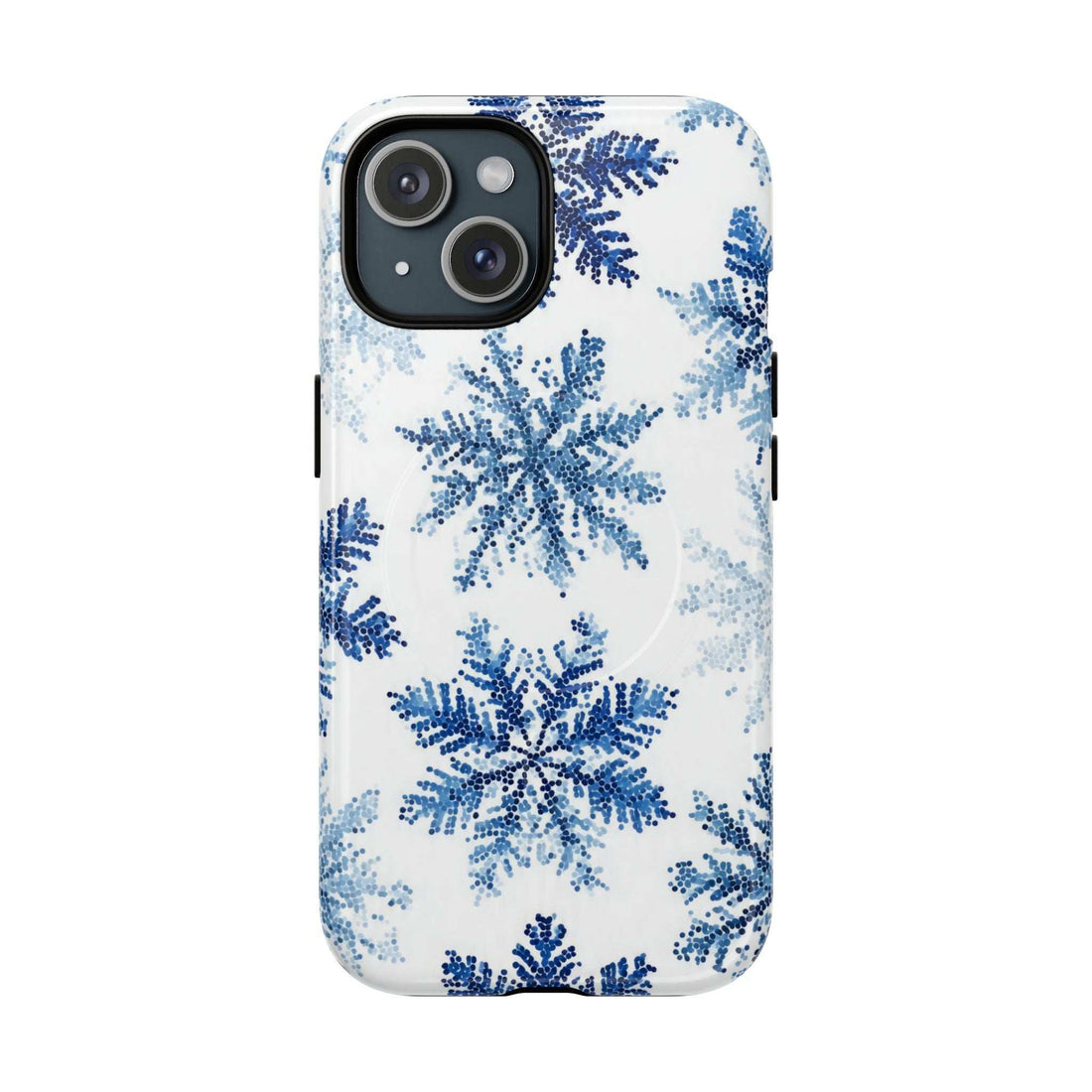 Snowflake-pattern phone case, white with blue flakes and camera cutout