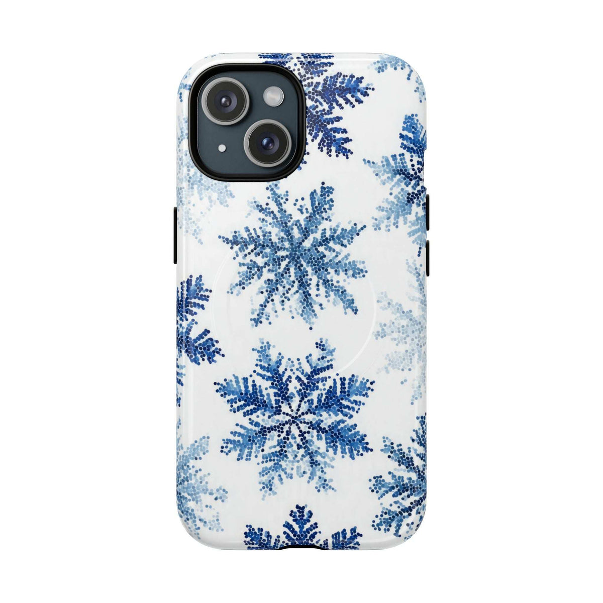 Snowflake phone case, white base with blue snowflakes and dual camera cutouts