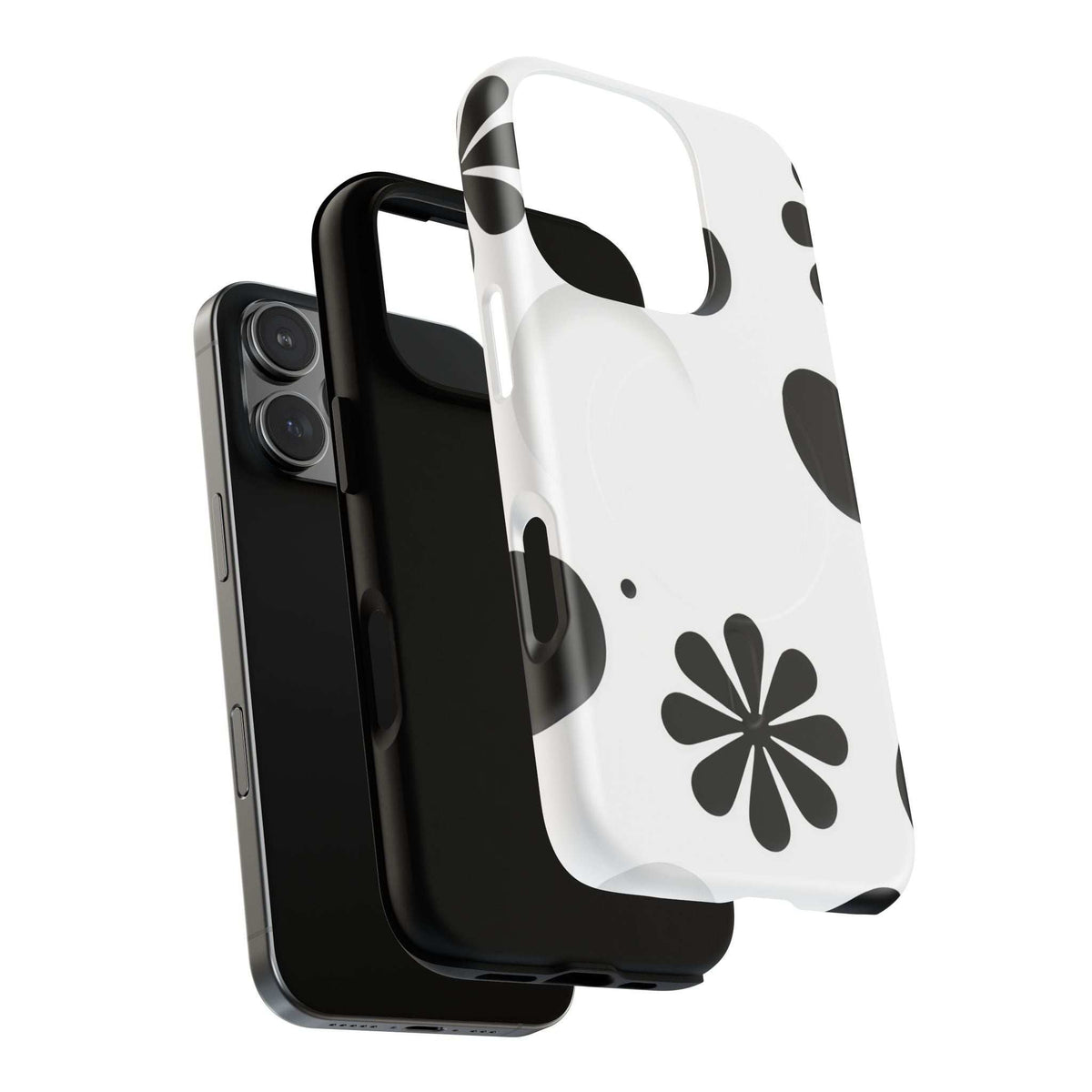 Magnetic phone case, white and black floral pattern with camera cutouts and side access.