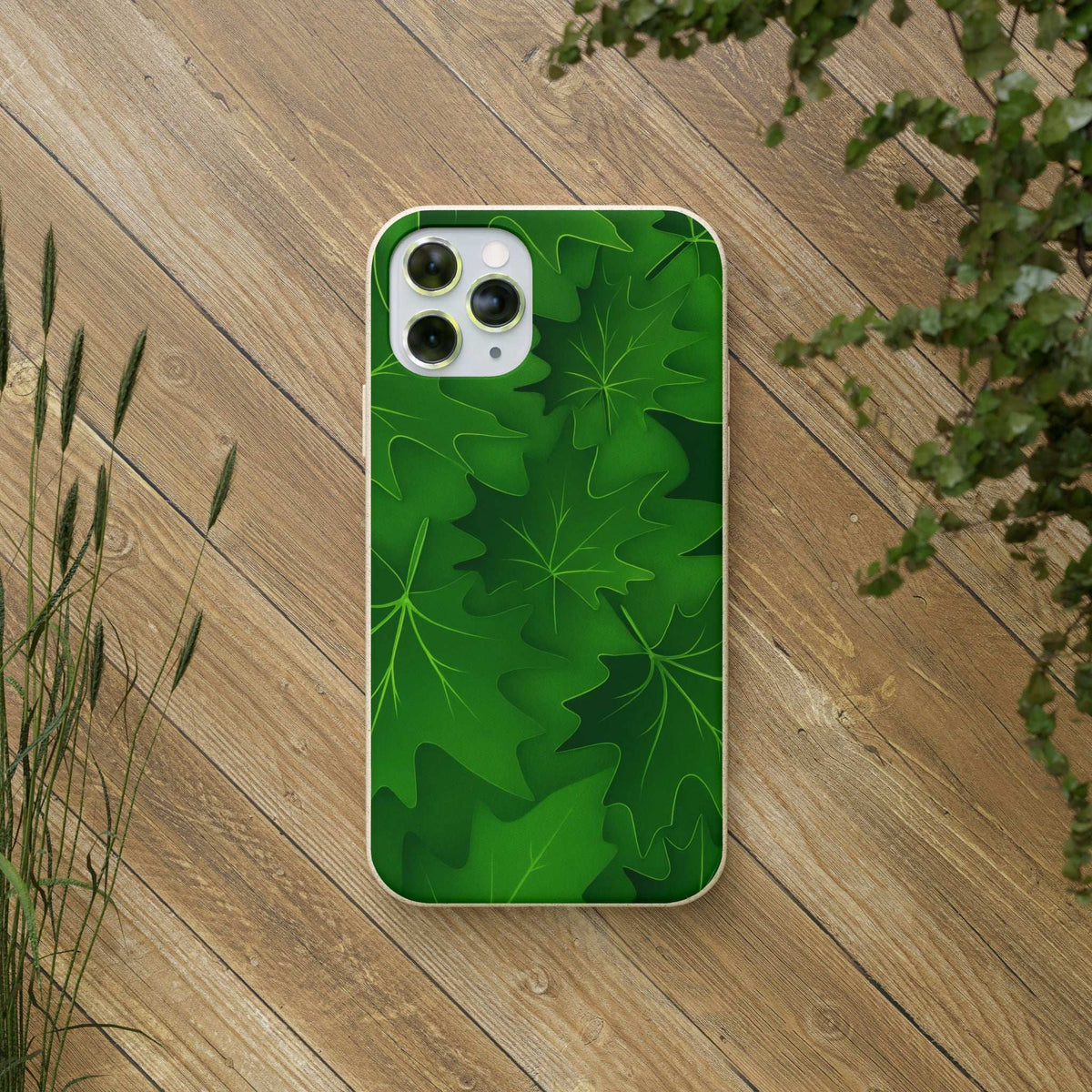 Green leaf-pattern phone case with triple camera cutout