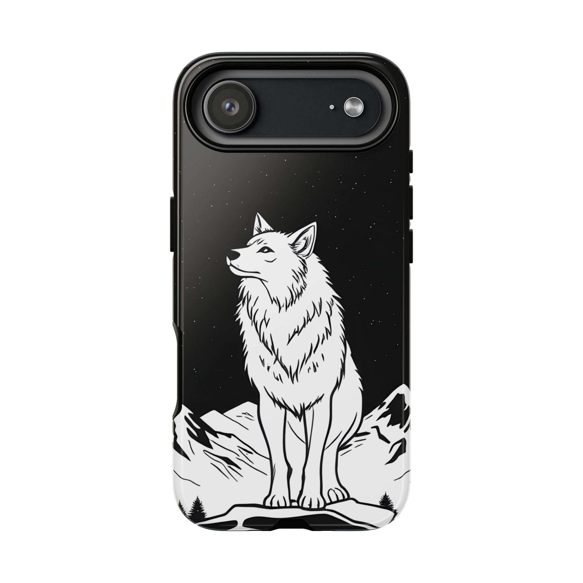 Black phone case with wolf graphic and single long camera bar cutout