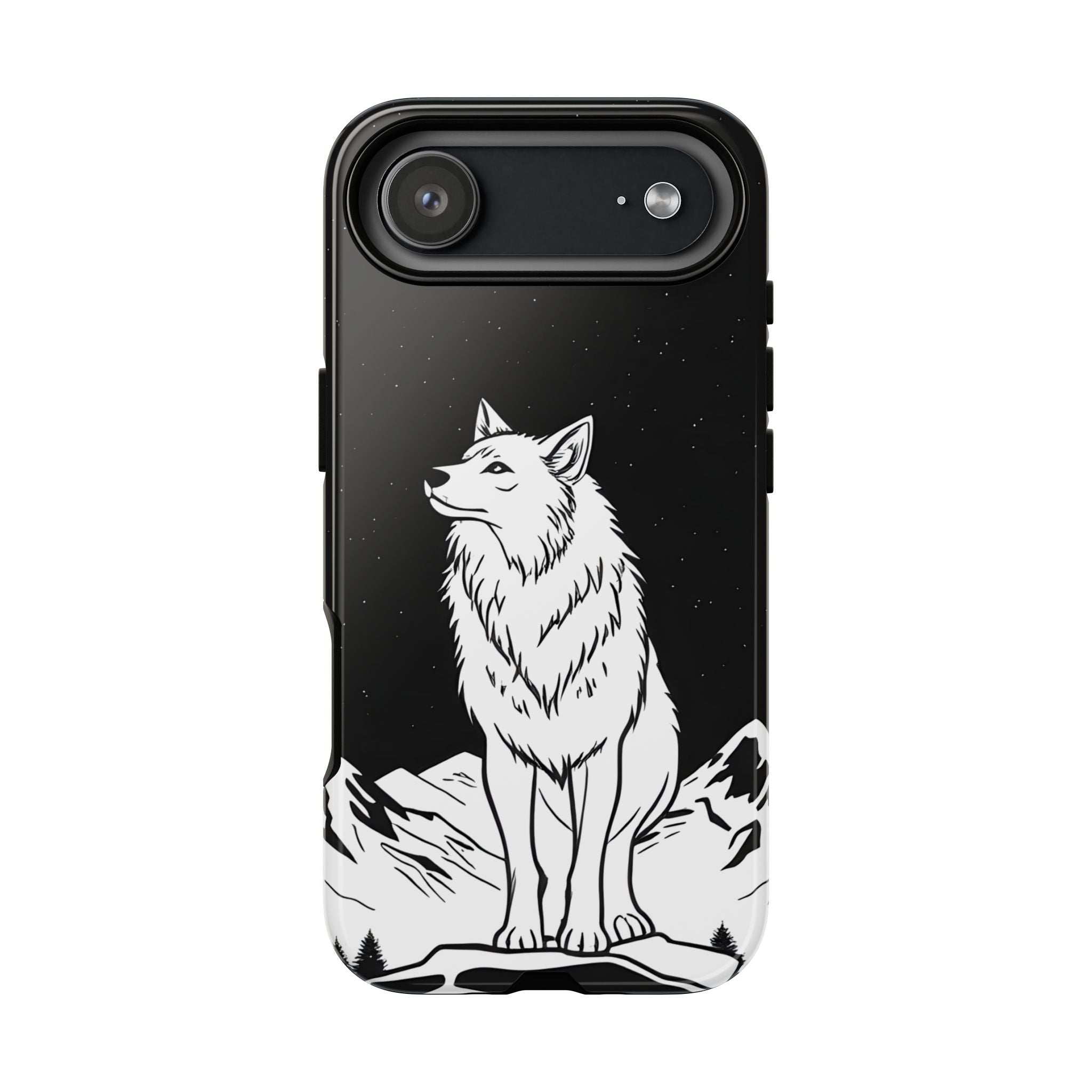 Black phone case with wolf graphic and single long camera bar cutout