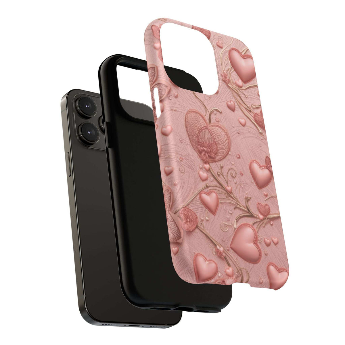 Pink heart and floral phone case, textured raised motifs with camera and side button cutouts