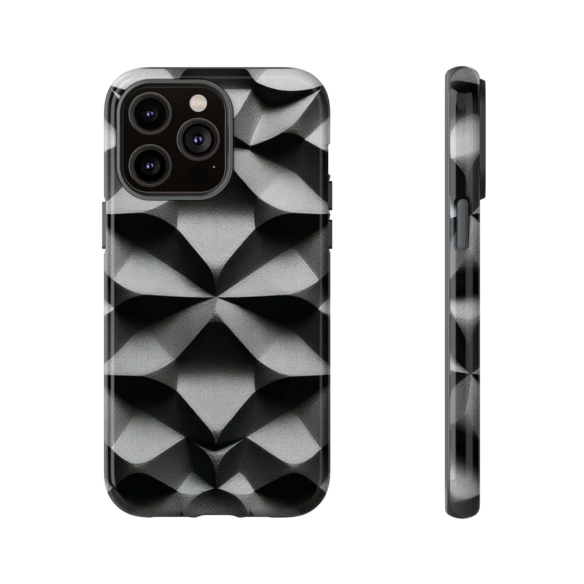 Tough phone case with black-and-gray geometric cube pattern, dual camera cutout and raised side edges