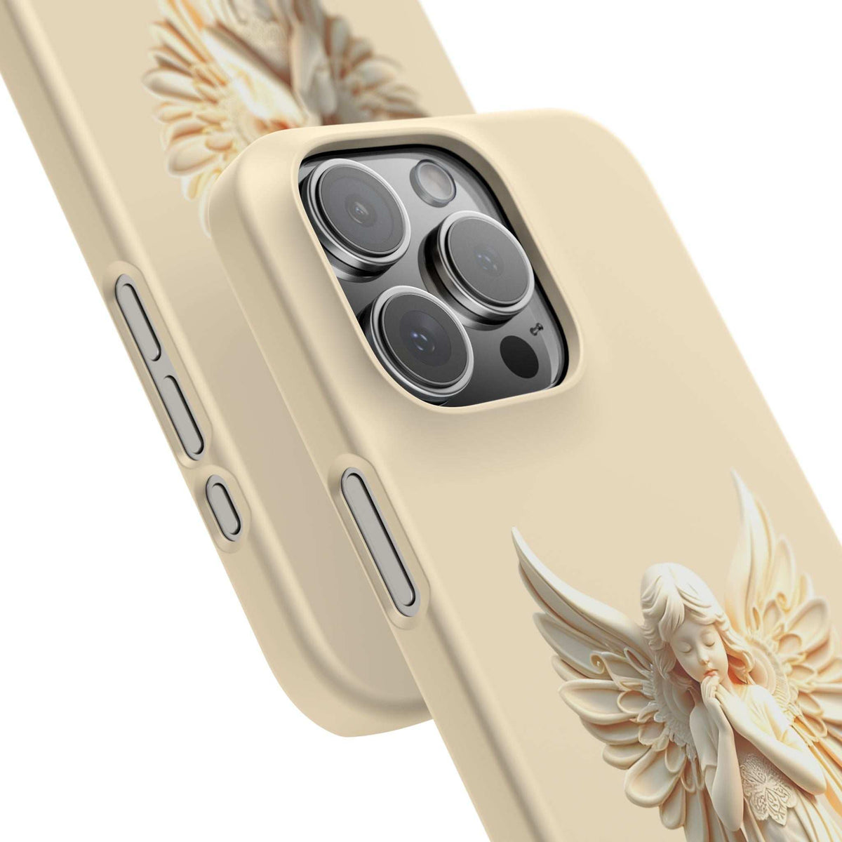 Cream phone case with angel wing detail and camera bump opening, slim side buttons
