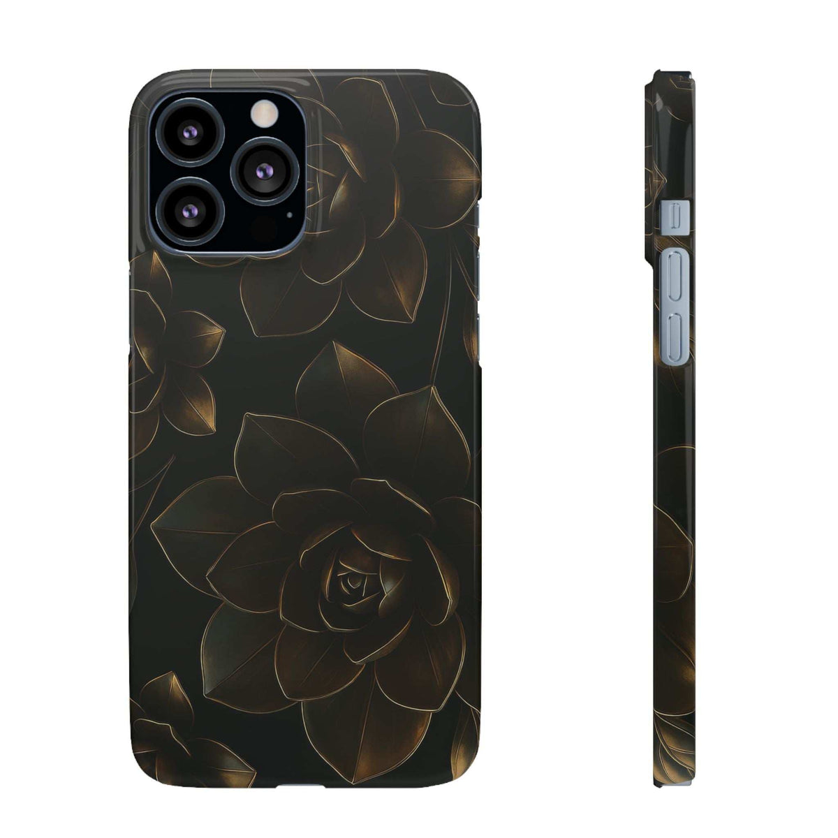 Glossy black phone case with gold rose and leaves; camera cutouts on the top-left.