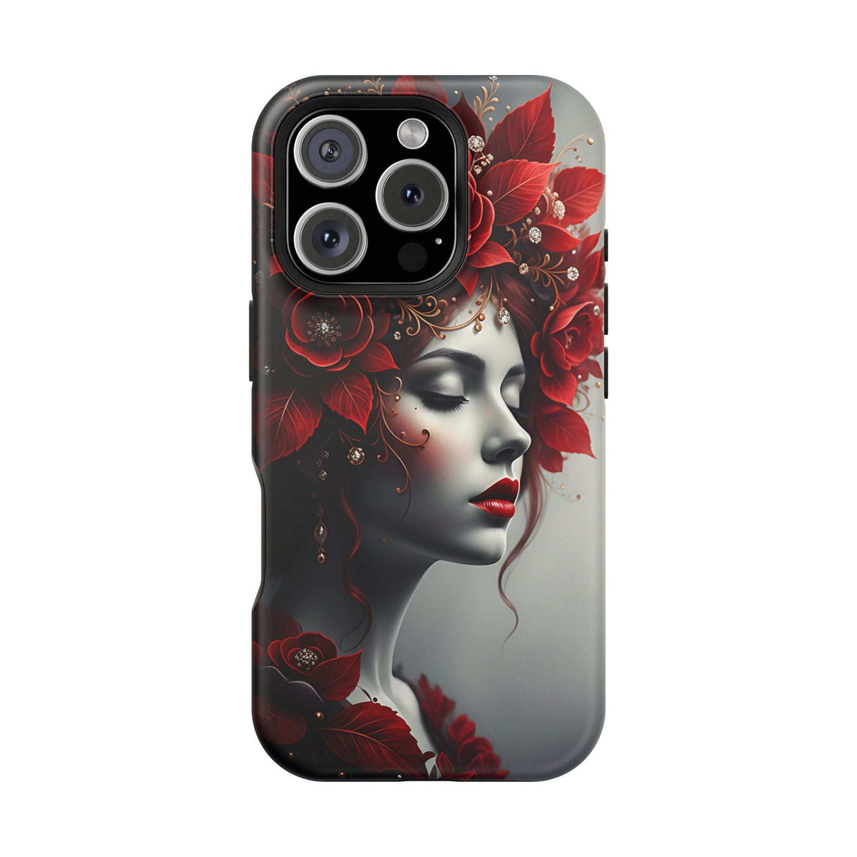 Portrait phone case with red roses and a woman face design; raised camera cutouts.