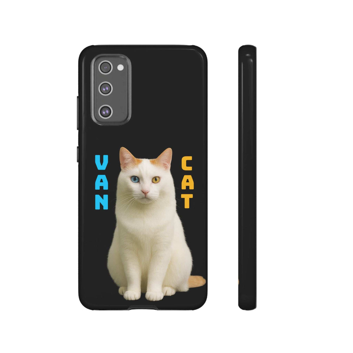 Glossy black phone case with white cat graphic on back and slim side view
