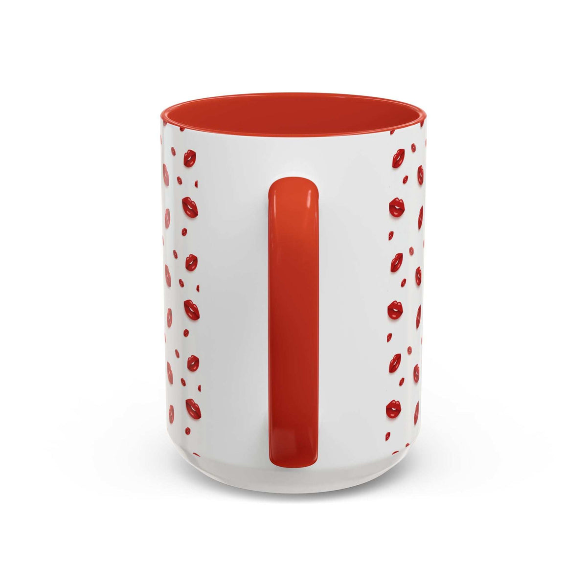 Accent coffee mug with red-orange interior panel, white body, and red lips pattern.