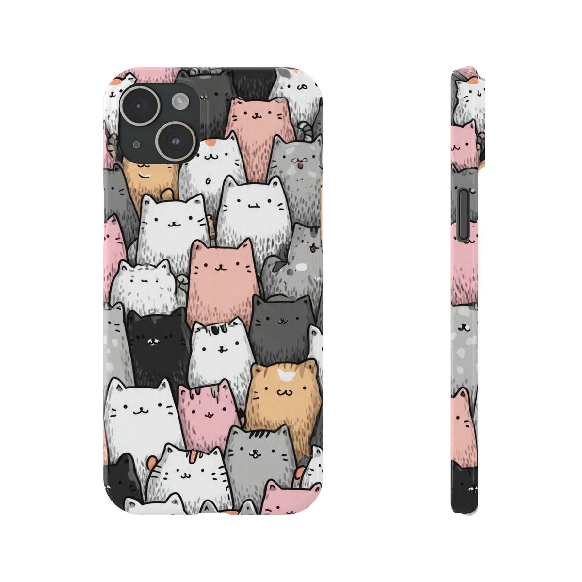 Cat iPhone phone case with front view and slim side showing button cutout and cat pattern.