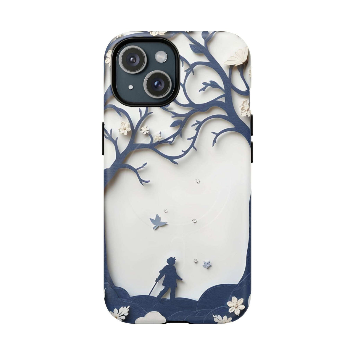 Phone case with blue landscape silhouettes, flowers, and raised camera protection