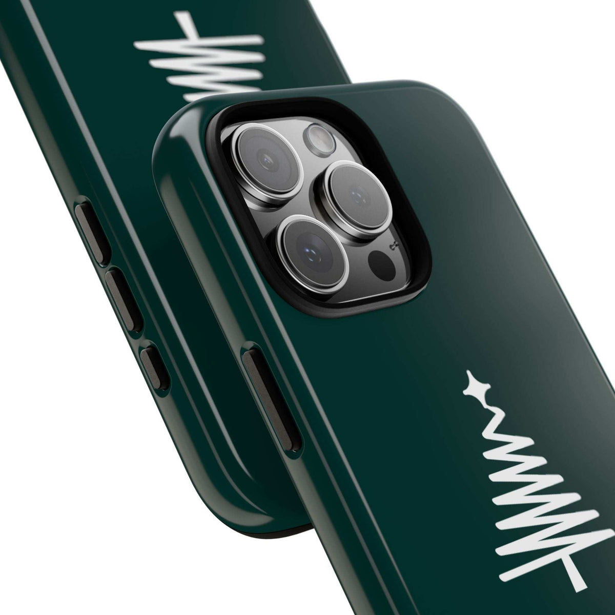 Teal glossy phone case showing camera cutout and white Christmas tree design