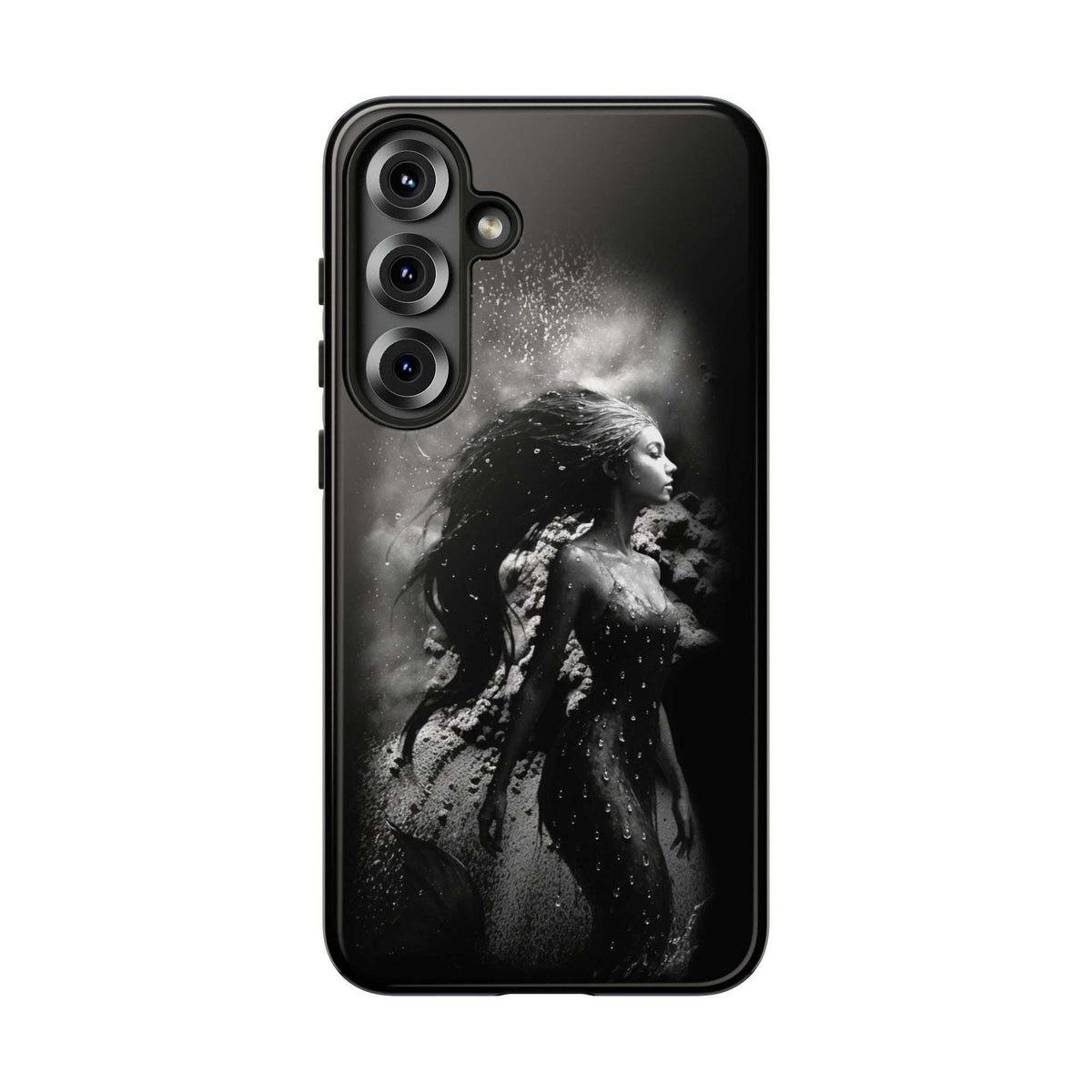 Monochrome mermaid phone case, black, front view with camera cutouts and mermaid artwork